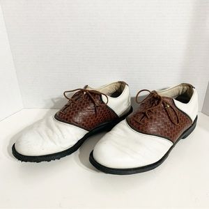 Adidas Traxion Adiprene Smooth and Textured Leather Saddle Golf Shoe White Brown